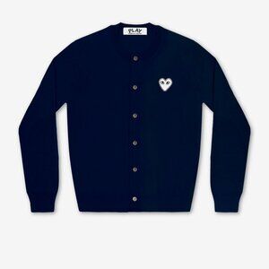 NEW Comme des Garcons PLAY white heart navy wool cardigan unisex size S small